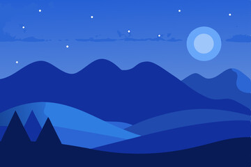 Obraz premium Vector illustration of a cold winter mountain landscape at night with a moon and snow-covered peaks under a blue sky