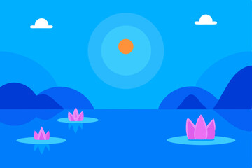 Serene Sunset Landscape Minimalist Lotus Pond Illustration