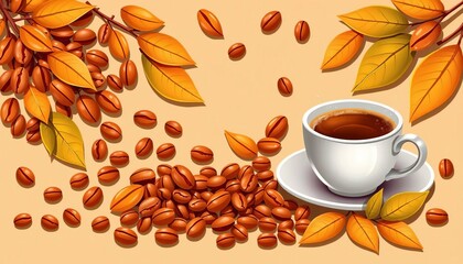 Vector illustrations of coffee beans, cups, and leaves in warm brown tones; ideal for cafe menus or coffee shop branding,  poster,  menu