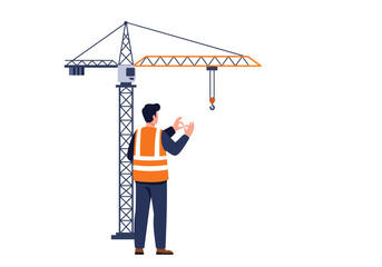 A construction worker in safety gear directing a crane