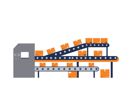 A conveyor belt carrying orange boxes moves through a gray machine