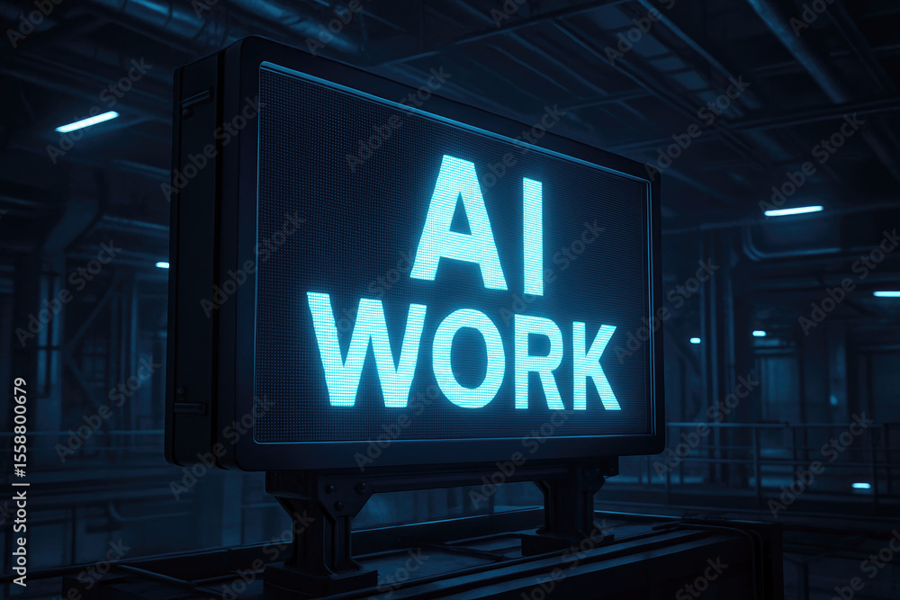 Poster bright blue artificial intelligence text displayed on a digital billboard in a dark industrial setti