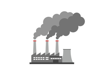 A stylized factory emits dark grey smoke from three chimneys with a cooling tower to the right