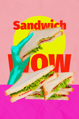Creative artwork template image 3D collage of hand hold sandwich wow tasty gourmet cuisine culinary...