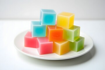 Obraz premium Colorful translucent cubes stacked on a white plate