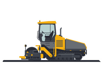 A yellow and gray road milling machine on a black line against a white background