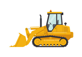 Obraz premium A yellow bulldozer faces left featuring a bucket treads cab and various mechanical elements