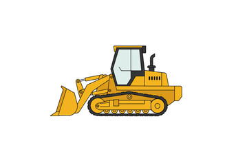 A yellow bulldozer with black treads sits on a plain white background © Adi