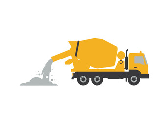 Naklejka premium A yellow cement truck pours gray liquid into a pile
