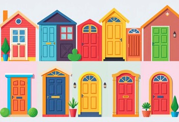 Fototapeta premium Vibrant flat design vector icons of colorful house doors , building facade, front doors