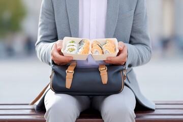 Asian male adult holding sushi boxes on bench