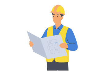 Architect in hard hat studying a blueprint