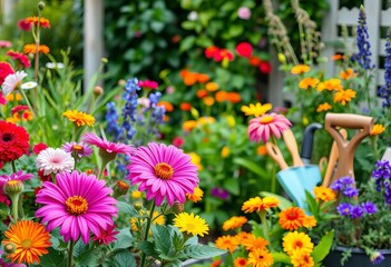 Obraz premium Vibrant garden scenes featuring colorful flowers, lush greenery, and gardening tools , botany, outdoor