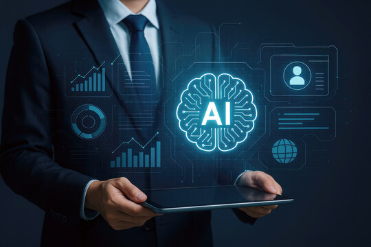 Businessman holding tablet with glowing artificial intelligence brain and data analytics - Powered by Adobe