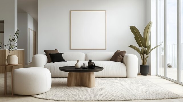 Stylish modern living room sanctuary with customizable poster frame and cozy seating area design