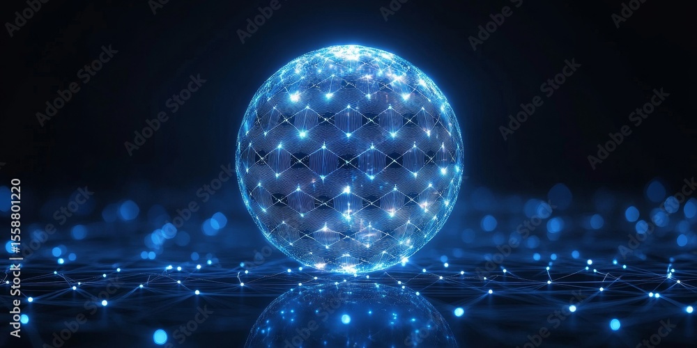 Poster futuristic geometric sphere with digital plexus network for global connection and data visualization