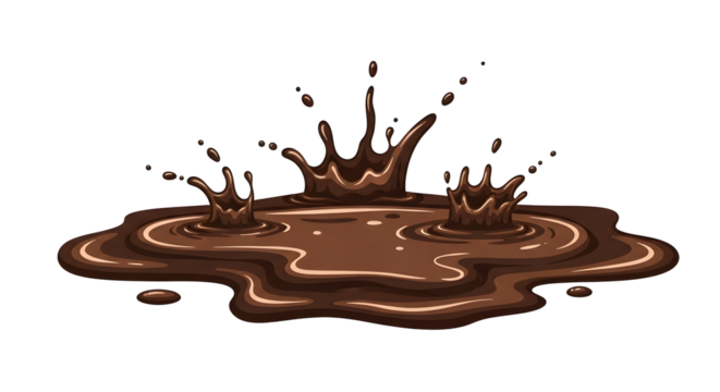 A vibrant pixel art chocolate splash creates a tempting dessert scene against a dark background with dynamic dripping liquid.