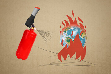 Contemporary image artwork collage of hand hold fire extinguisher foam earth planet burn heat...