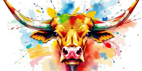 Vibrant watercolor bull head, dynamic splashes, bold brushstrokes, bull, intense