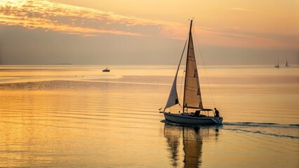 Fototapeta premium Sailboat gliding across calm water during a golden sunset in a serene landscape.