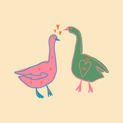 Cute goose couple. Adorable farm birds in scandinavian style bright color poster or postcard, funny cartoon animals characters and heart. Childish design print, kids and nursery decor. Vector cartoon