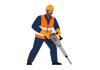 Worker in safety gear operating a jackhammer