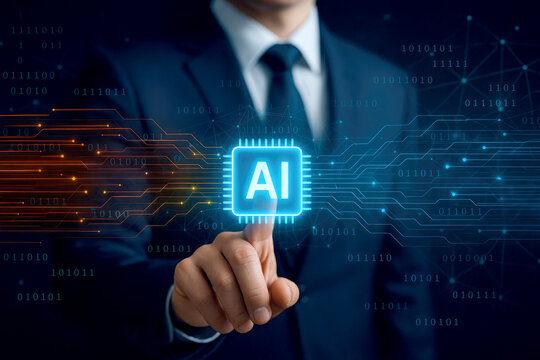 Businessman touches glowing artificial intelligence chip with digital circuit background - Powered by Adobe