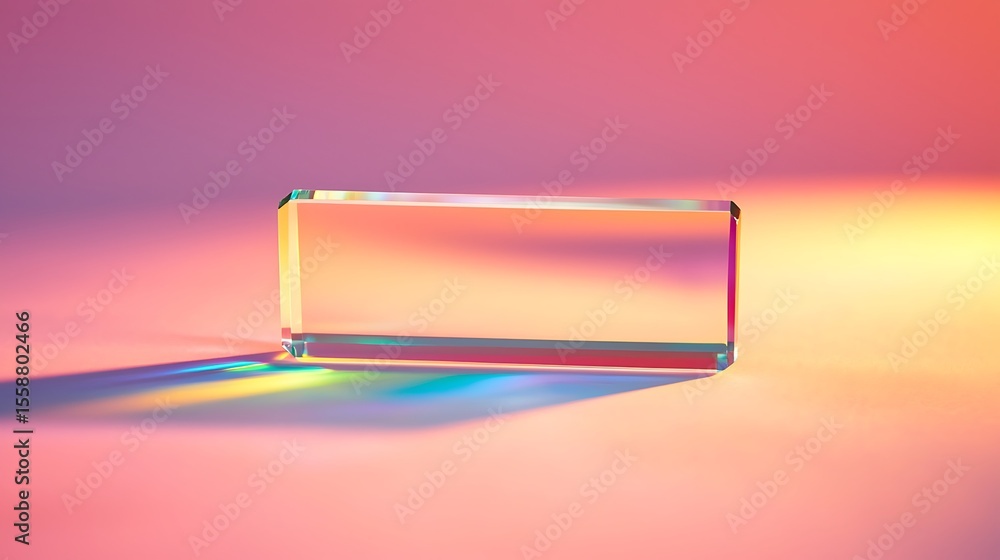 Poster a rectangular glass prism casting a vibrant, multicolored shadow on a softly lit gradient background