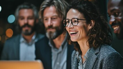 A diverse group of four professionals collaborating and smiling while working on a laptop in a dimly lit office. - Powered by Adobe