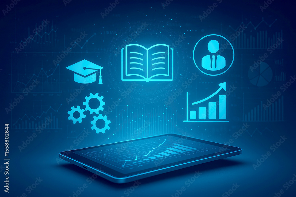 Poster digital learning interface with holographic educational icons and data visualizations