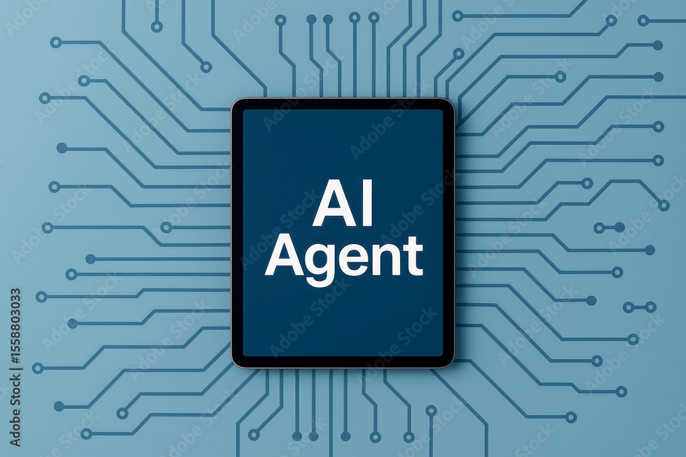Poster digital tablet displaying artificial intelligence agent on circuit board image