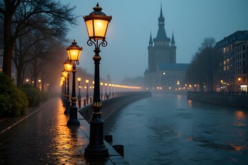 Fototapeta premium Ornate lampposts illuminate a misty canal at dusk city