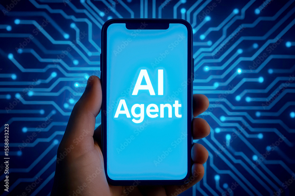 Poster futuristic ai agent display on smartphone artificial intelligence technology