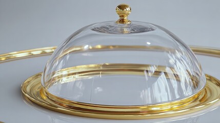 Elegant gold trimmed glass cloche dome serving tray for food presentation and display on white surface
