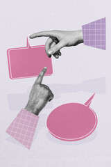 Exclusive image vertical photo collage of hands show communication icon speech conversation talk...