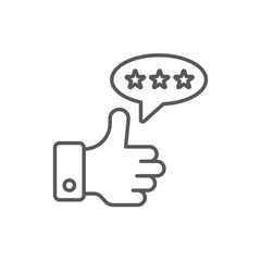 Line style icon of a thumbs up with a speech bubble showing stars, representing positive feedback, excellent ratings, or good reviews