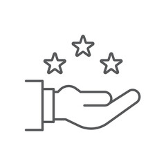 Line style icon of a hand holding three stars, symbolizing customer loyalty, excellent service, best quality, or top rating