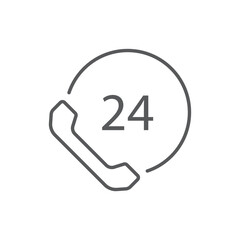 Line style icon of a phone receiver encircled by '24', symbolizing 24/7 customer support, continuous service, or always-on availability