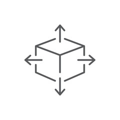 Line style icon of a 3D box with arrows, representing scalability, dimension, expansion, or product customization