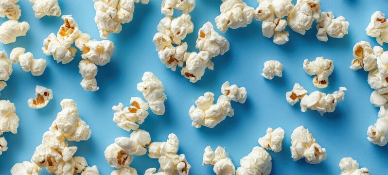 The scattered popcorn pieces on a blue background create a vibrant snack scene. - Powered by Adobe