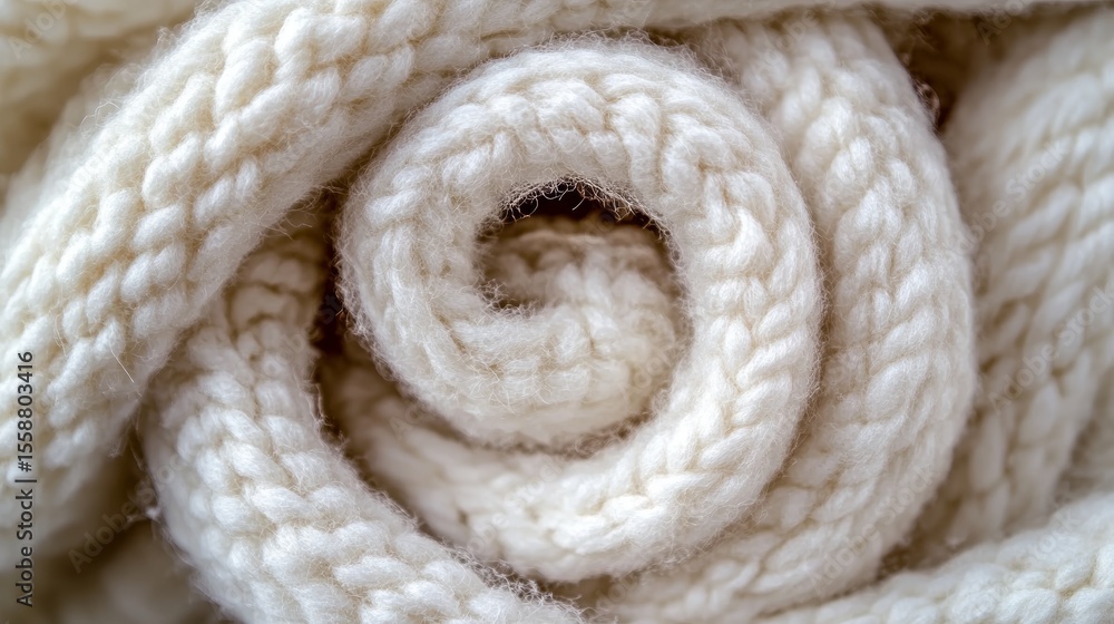 Poster cream wool macro of knitted fabric showcasing soft yarns in beautiful elegant spiral design patterns