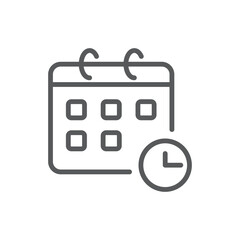 Line style icon of a calendar with a clock, representing scheduled events, appointments, time management, and deadlines