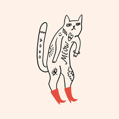 Vector clip-art fashion tattooed cat in red color boots sticker. EPS and JPG illustration. Funky kitten doodle trendy print, colorful hand drawn childish cartoon positive vibe art. Groovy kids girlish