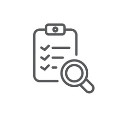 Line style icon of a checklist on a clipboard with a magnifying glass, for task review, audit, or detailed verification