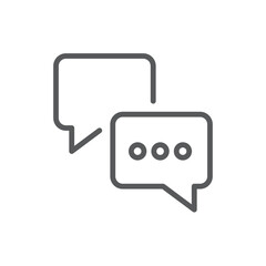 Line style icon of two overlapping speech bubbles, representing online chat, communication, conversation, and messaging