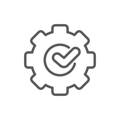 Line style icon of a gear with a check mark, symbolizing approved settings, successful configurations, or optimized processes