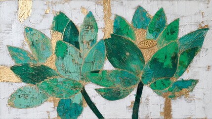 A vibrant oil painting showcases abstract lotus flowers with green and gold against a white