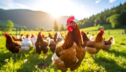 Chickens in a field at sunset (1)