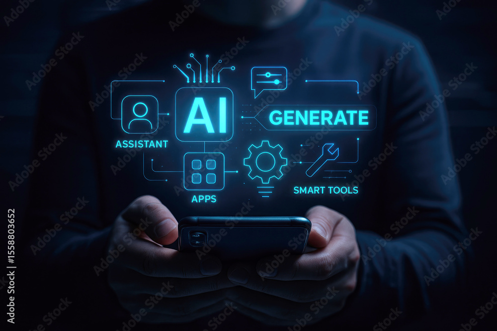 Poster futuristic ai interface with assistant apps and smart tools artificial intelligence