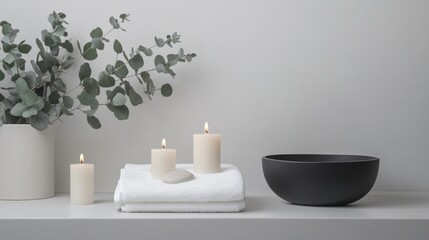 white candles burning in spa salon light background